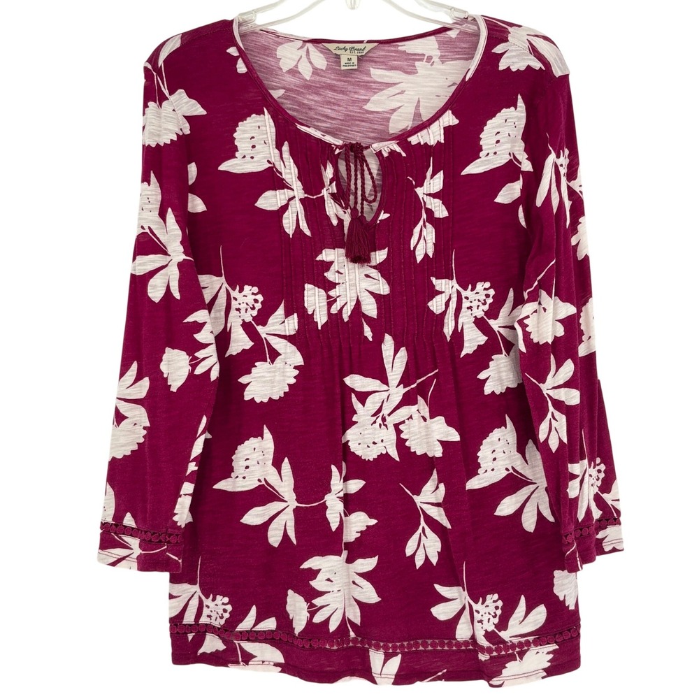 Lucky Brand Magenta Floral Pintuck Tassel Top Crochet Trim Boho Womens M